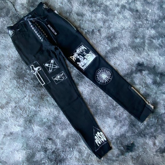 Dolls Kill Denim - Stitch Btch Patched Lace Up Jeans